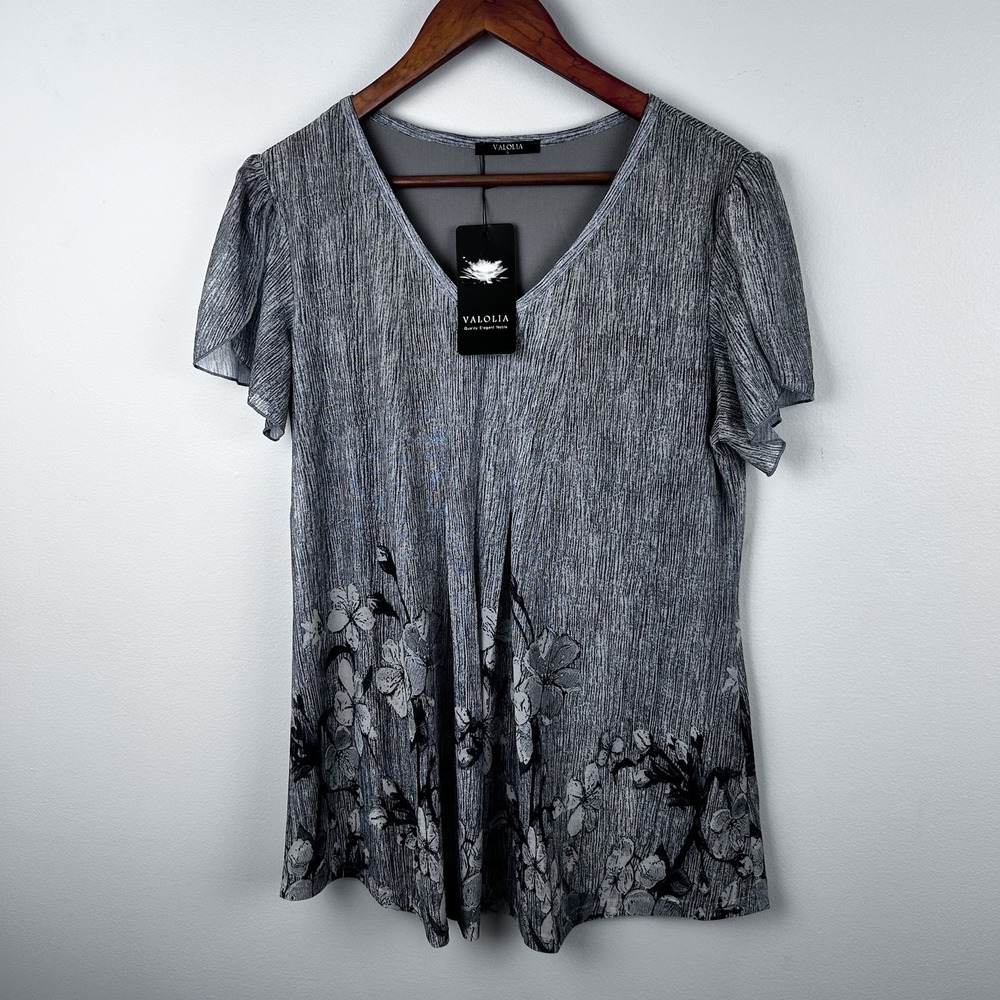 NWT VALOLIA Women's L  gray Floral  Sleeve Flowy Lined Tunic Top Blouse